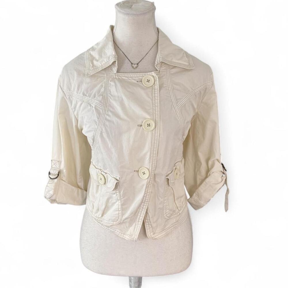 Y2K Cream vintage 90s button up jacket tie back detail perfect fall staple nyc